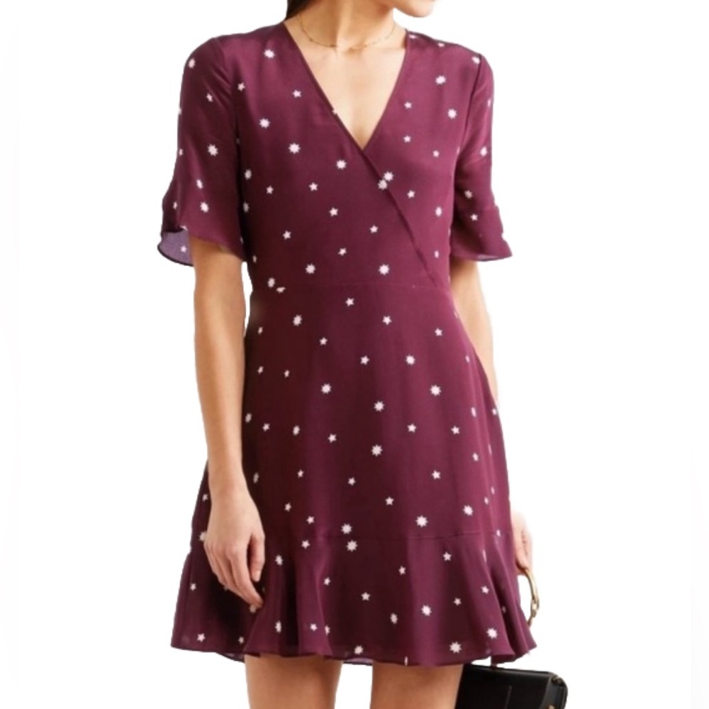 NWT MADEWELL 100% SILK Vneck Short Sleeve Flutter Hem Lined Dress Stars 12